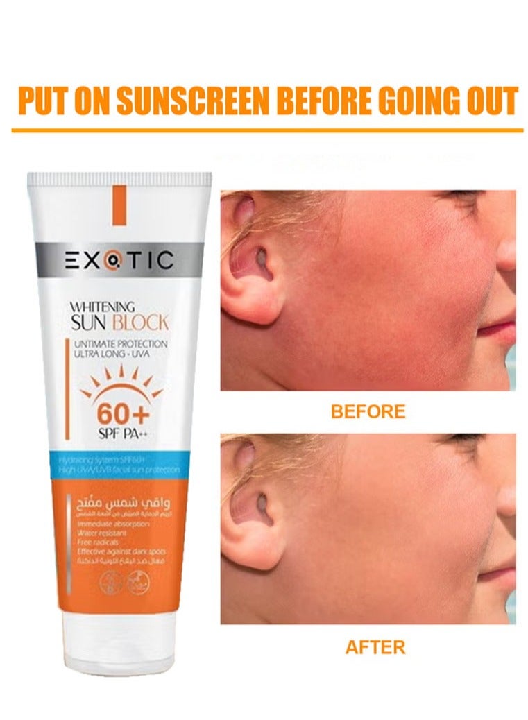 إكزوتك كريم تفتيح البشرة وواقي من الشمس بعامل حماية SPF 60+ PA++، حماية من الأشعة فوق البنفسجية UVA/UVB، مقاوم للماء، ومضاد للجذور الحرة، 100 مل - Image 1